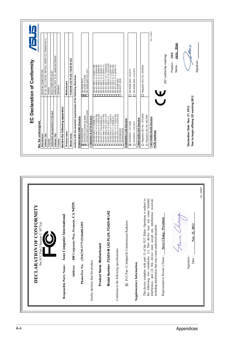 Appendices ec declaration of conformity, Declaration of conformity, Asu s c om pu te r in te rn at io na l | Asus F2A55-M LK2 PLUS User Manual | Page 76 / 76