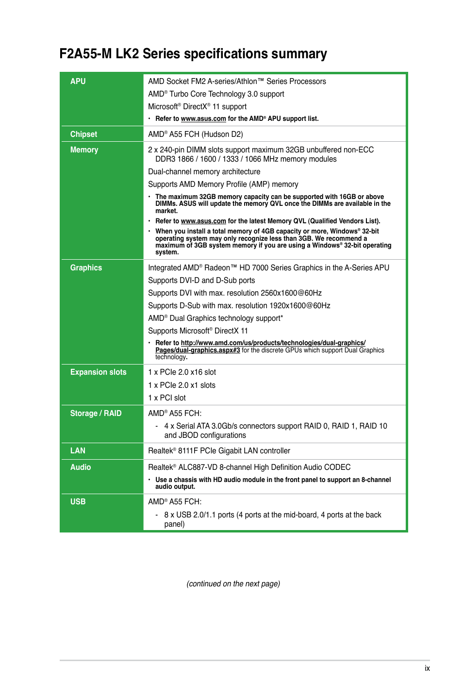 F2a55-m lk2 series specifications summary | Asus F2A55-M LK2 PLUS User Manual | Page 9 / 76