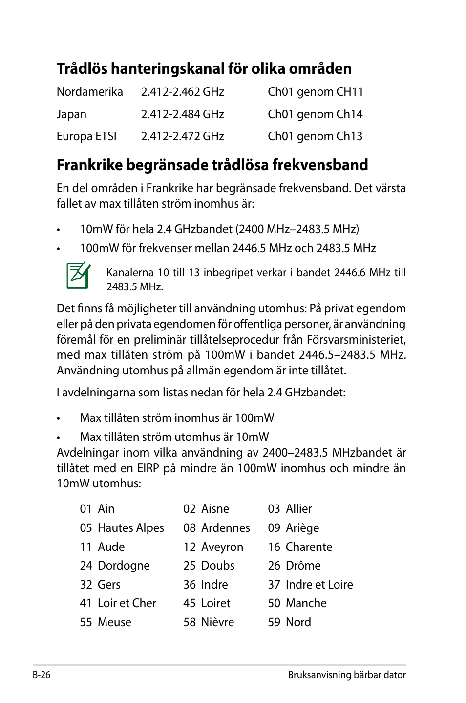 Trådlös hanteringskanal för olika områden, Frankrike begränsade trådlösa frekvensband | Asus X44H User Manual | Page 100 / 114