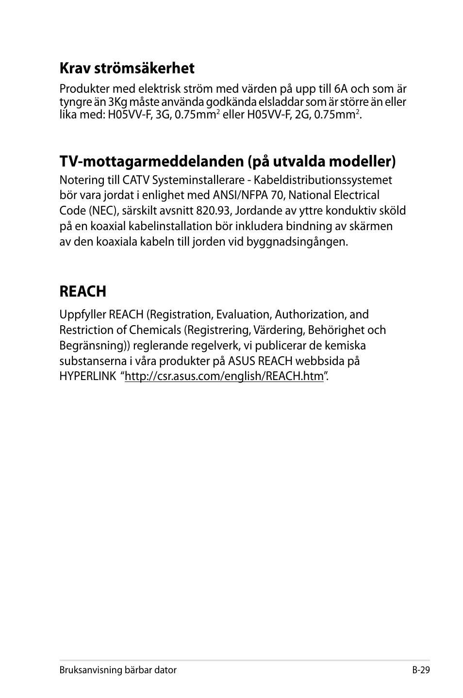 Krav strömsäkerhet, Tv-mottagarmeddelanden (på utvalda modeller), Reach | Asus X44H User Manual | Page 103 / 114