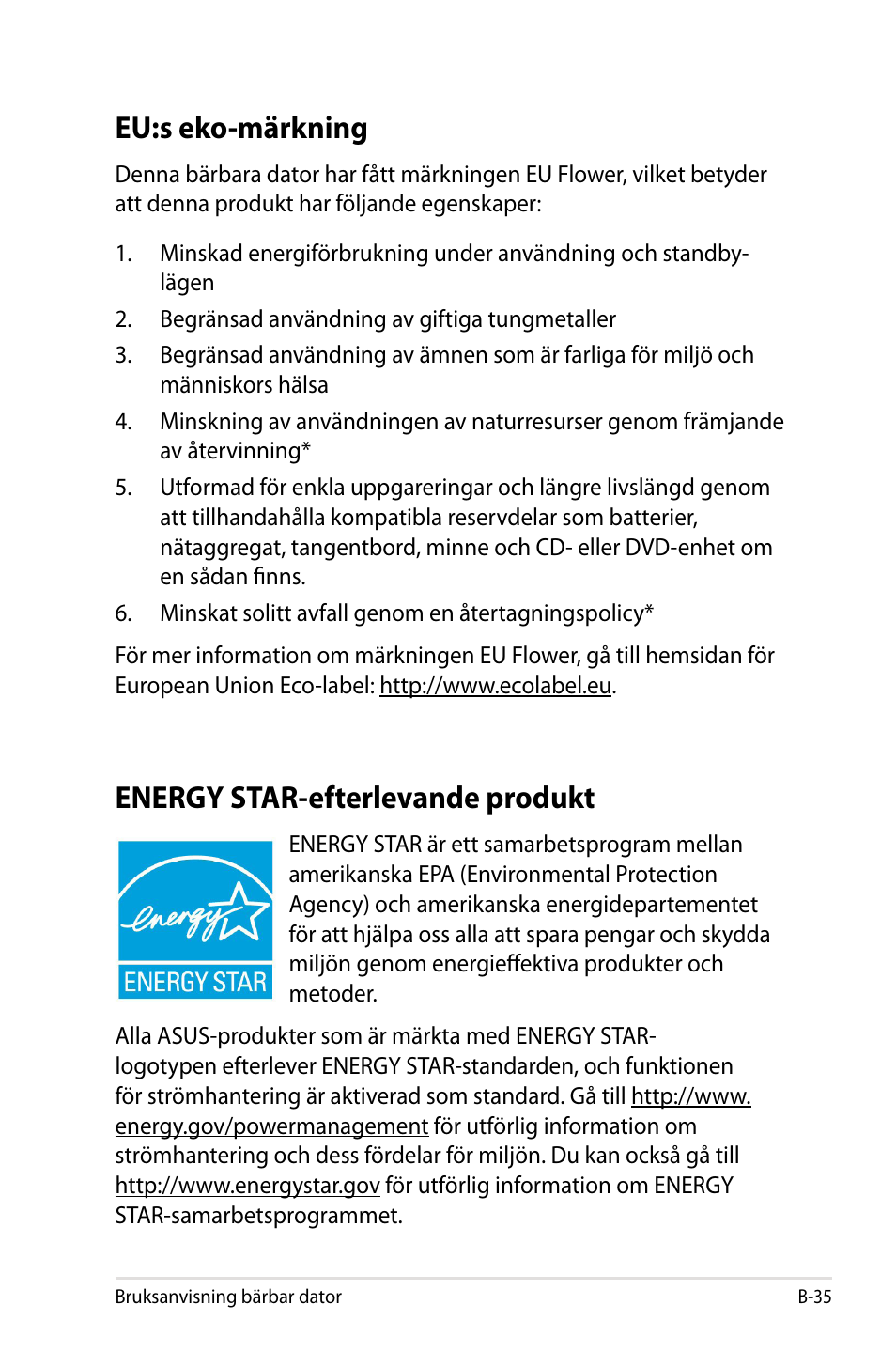 Eu:s eko-märkning, Energy star-efterlevande produkt | Asus X44H User Manual | Page 109 / 114