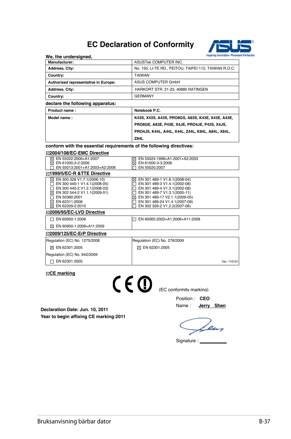 Ec declaration of conformity, Bruksanvisning bärbar dator b | Asus X44H User Manual | Page 111 / 114