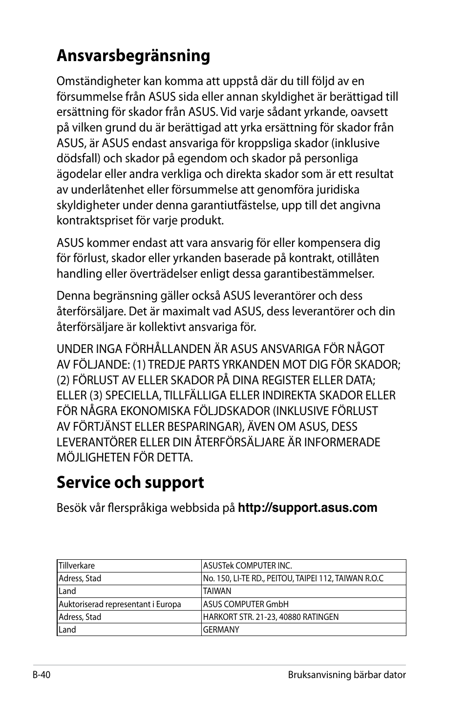 Ansvarsbegränsning, Service och support | Asus X44H User Manual | Page 114 / 114