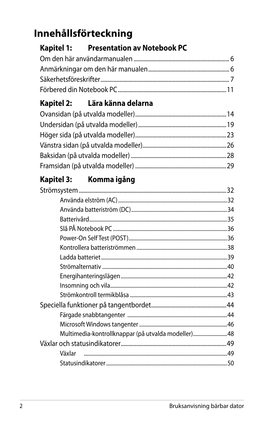 Innehållsförteckning | Asus X44H User Manual | Page 2 / 114