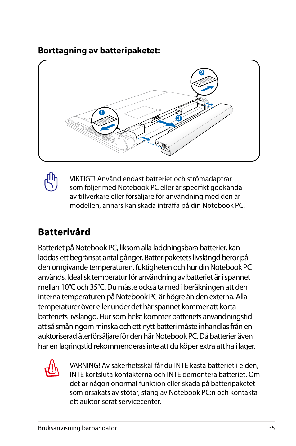 Batterivård, Borttagning av batteripaketet | Asus X44H User Manual | Page 35 / 114