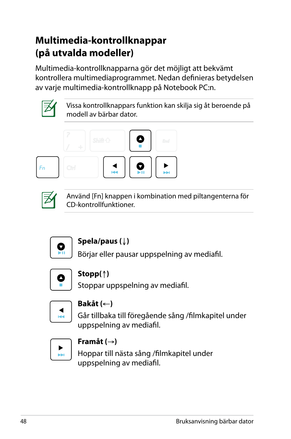 Multimedia-kontrollknappar (på utvalda modeller) | Asus X44H User Manual | Page 48 / 114