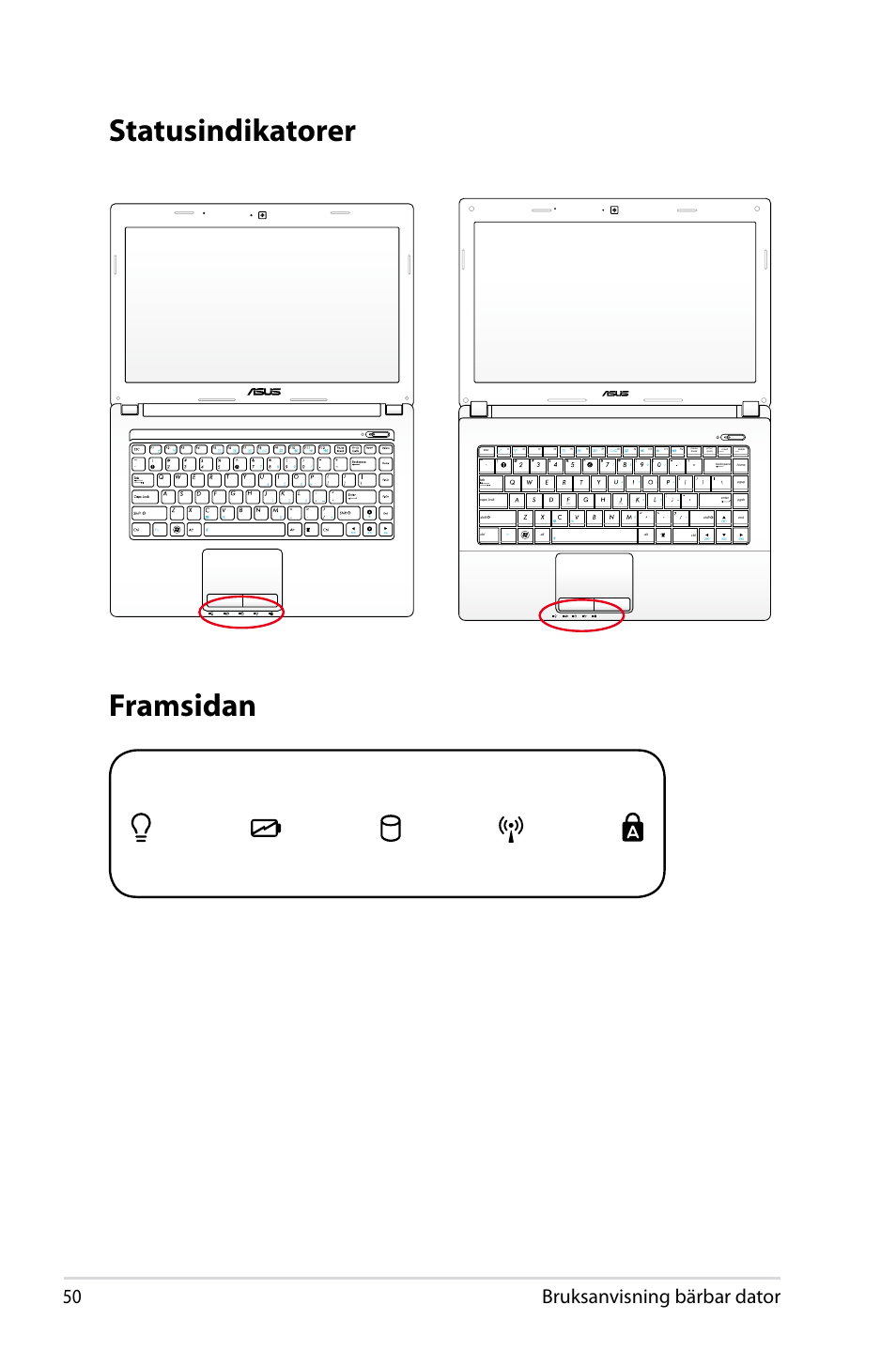 Statusindikatorer, Statusindikatorer framsidan, 50 bruksanvisning bärbar dator | Num lk scr lk | Asus X44H User Manual | Page 50 / 114