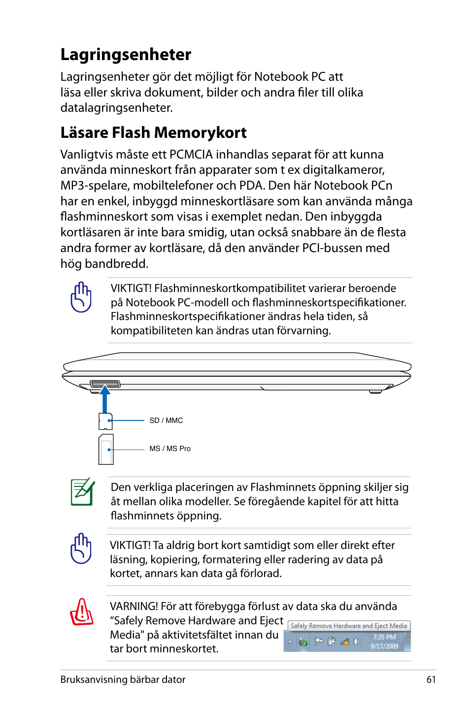 Lagringsenheter, Läsare flash memorykort | Asus X44H User Manual | Page 61 / 114