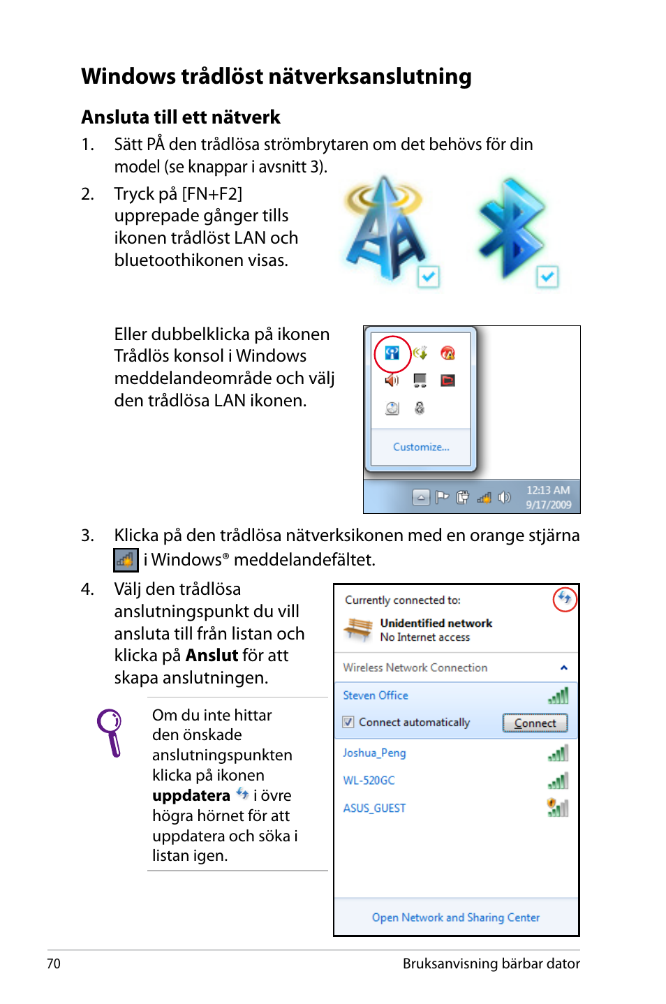 Windows trådlöst nätverksanslutning | Asus X44H User Manual | Page 70 / 114