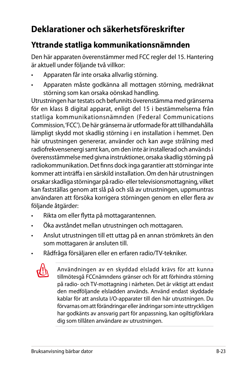 Deklarationer och säkerhetsföreskrifter, Yttrande statliga kommunikationsnämnden | Asus X44H User Manual | Page 97 / 114