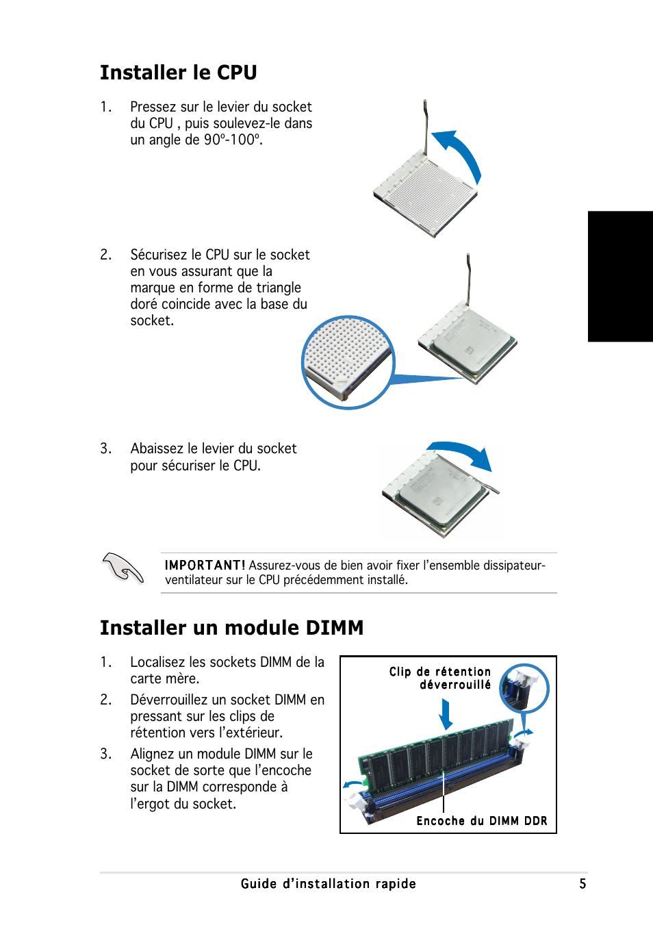 Installer le cpu installer un module dimm, Fran ç ais | Asus P1-AH1 User Manual | Page 13 / 80