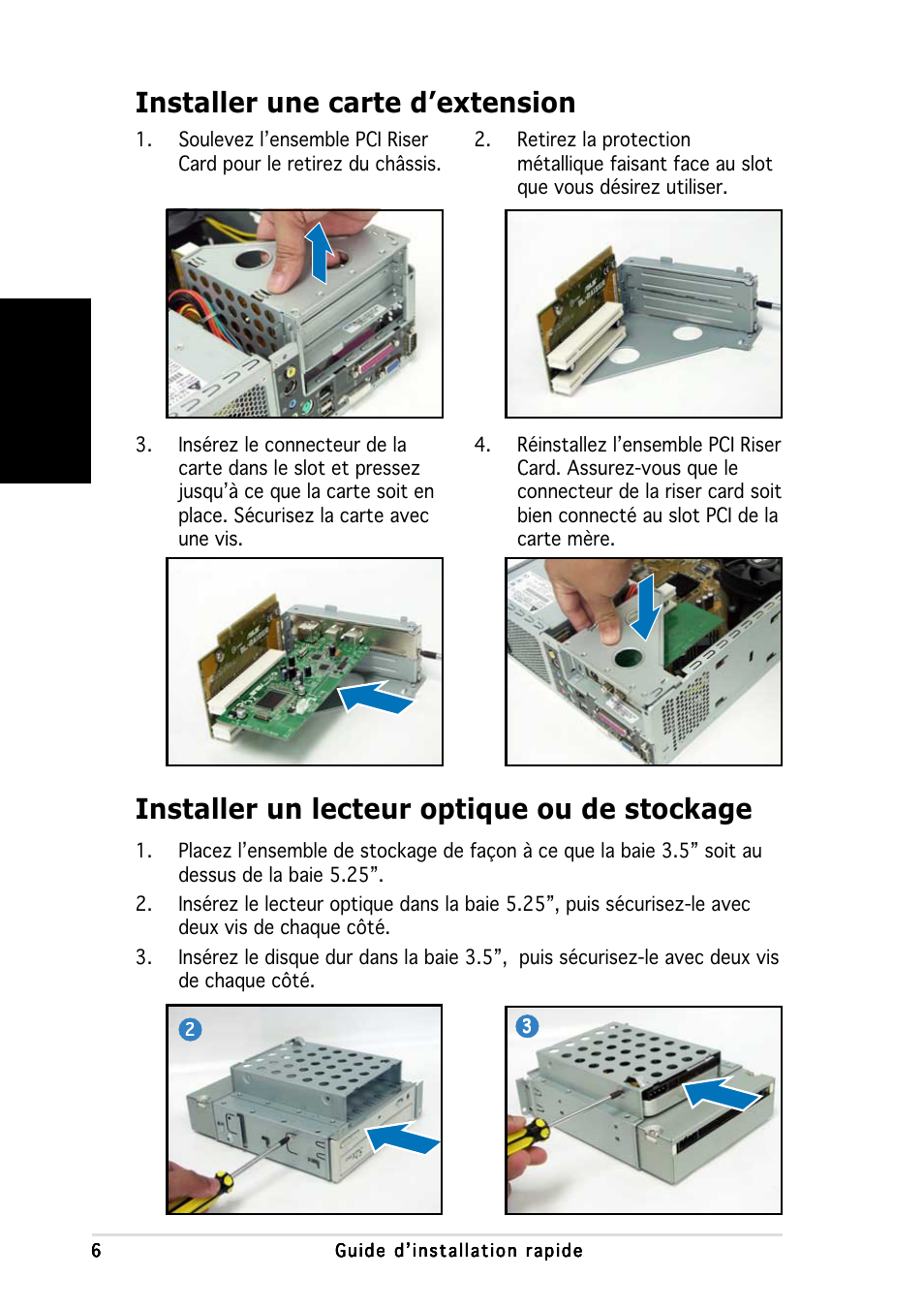 Installer un lecteur optique ou de stockage, Installer une carte d’extension, Fran ç ais | Asus P1-AH1 User Manual | Page 14 / 80