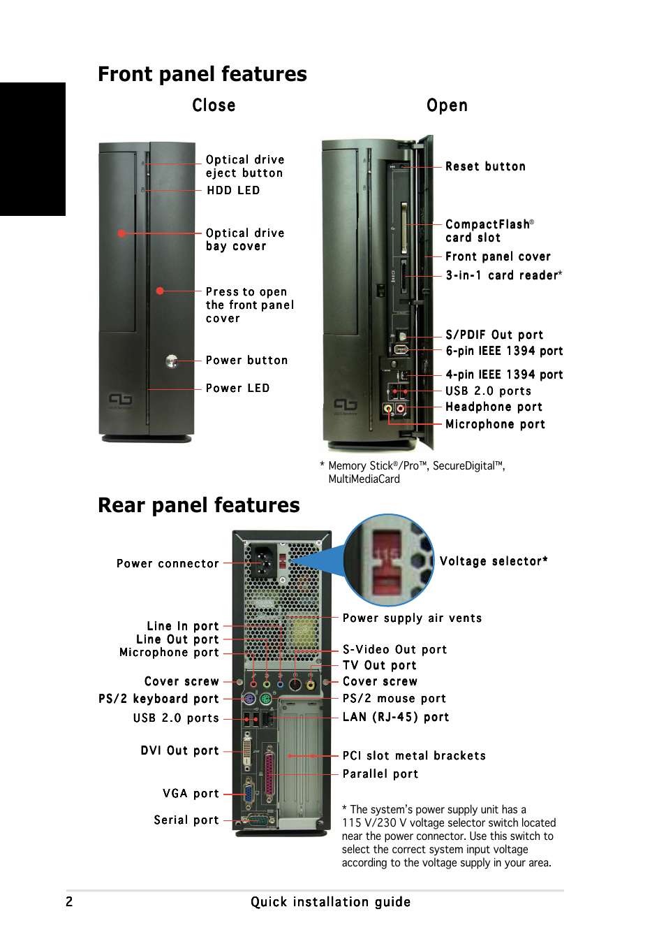 Front panel features rear panel features, English | Asus P1-AH1 User Manual | Page 2 / 80