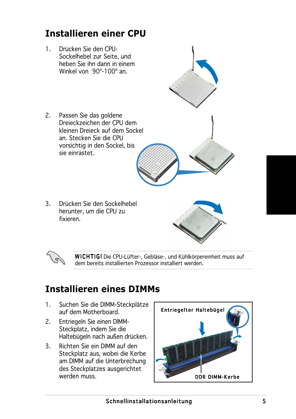 Installieren einer cpu installieren eines dimms, Deutsch | Asus P1-AH1 User Manual | Page 21 / 80