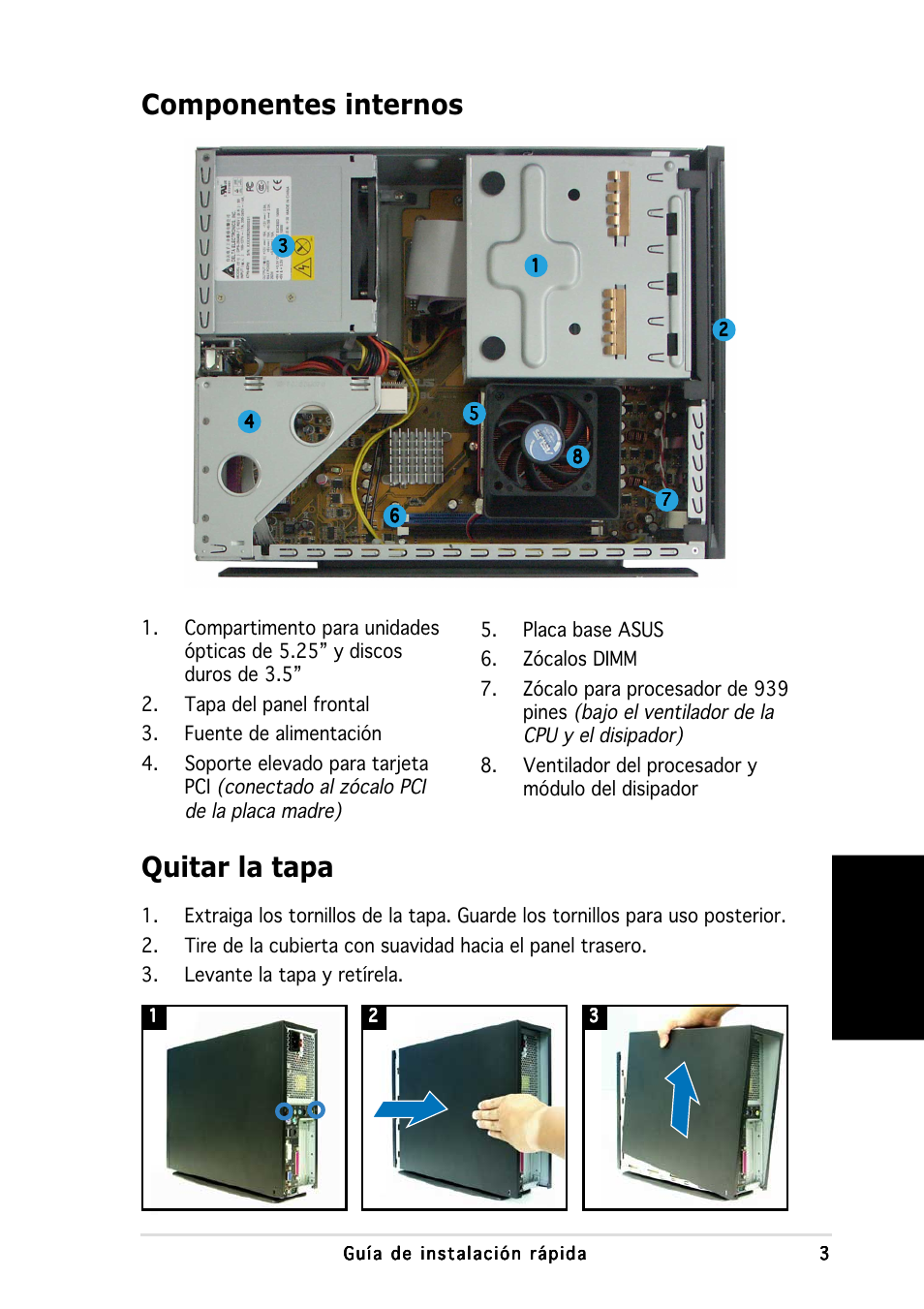 Componentes internos, Quitar la tapa, Espa ñ ol | Asus P1-AH1 User Manual | Page 35 / 80
