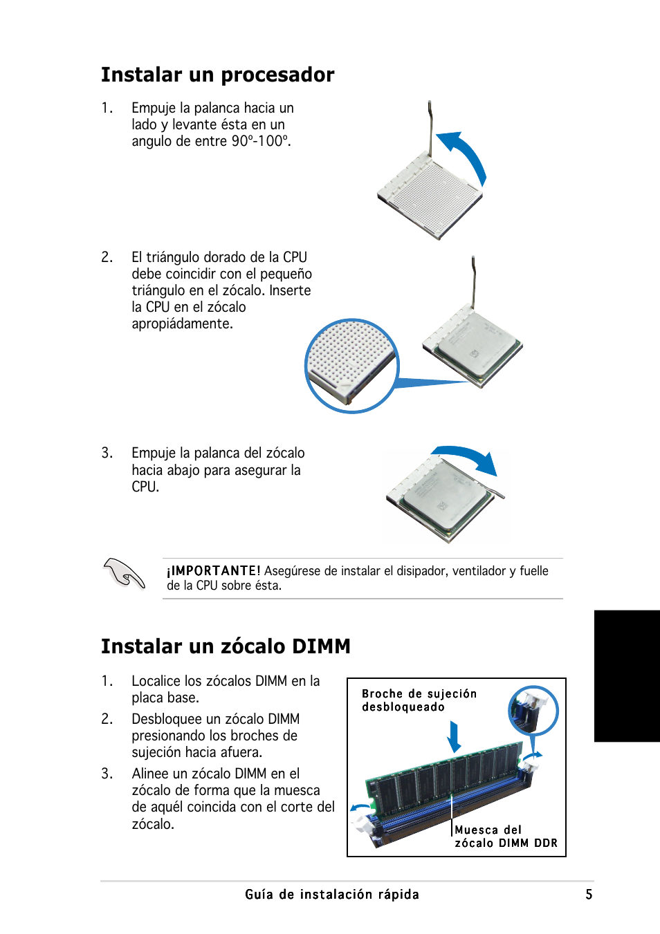 Instalar un procesador instalar un zócalo dimm, Espa ñ ol | Asus P1-AH1 User Manual | Page 37 / 80