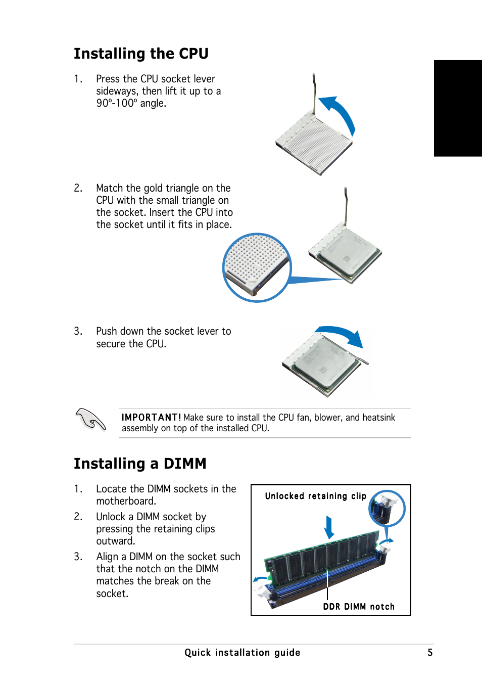 Installing the cpu installing a dimm, English | Asus P1-AH1 User Manual | Page 5 / 80