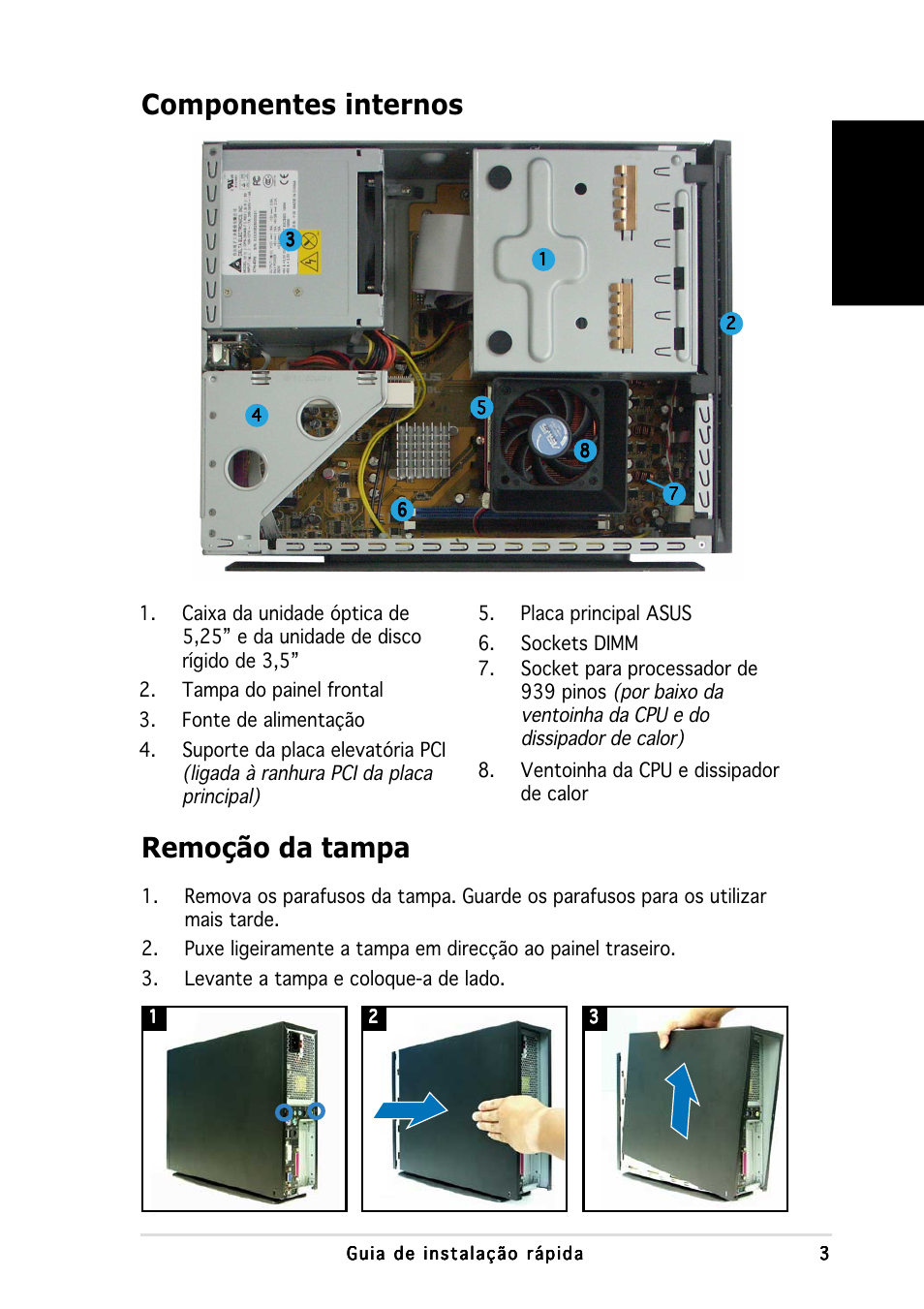 Componentes internos, Remoção da tampa, Portugu ê s | Asus P1-AH1 User Manual | Page 51 / 80