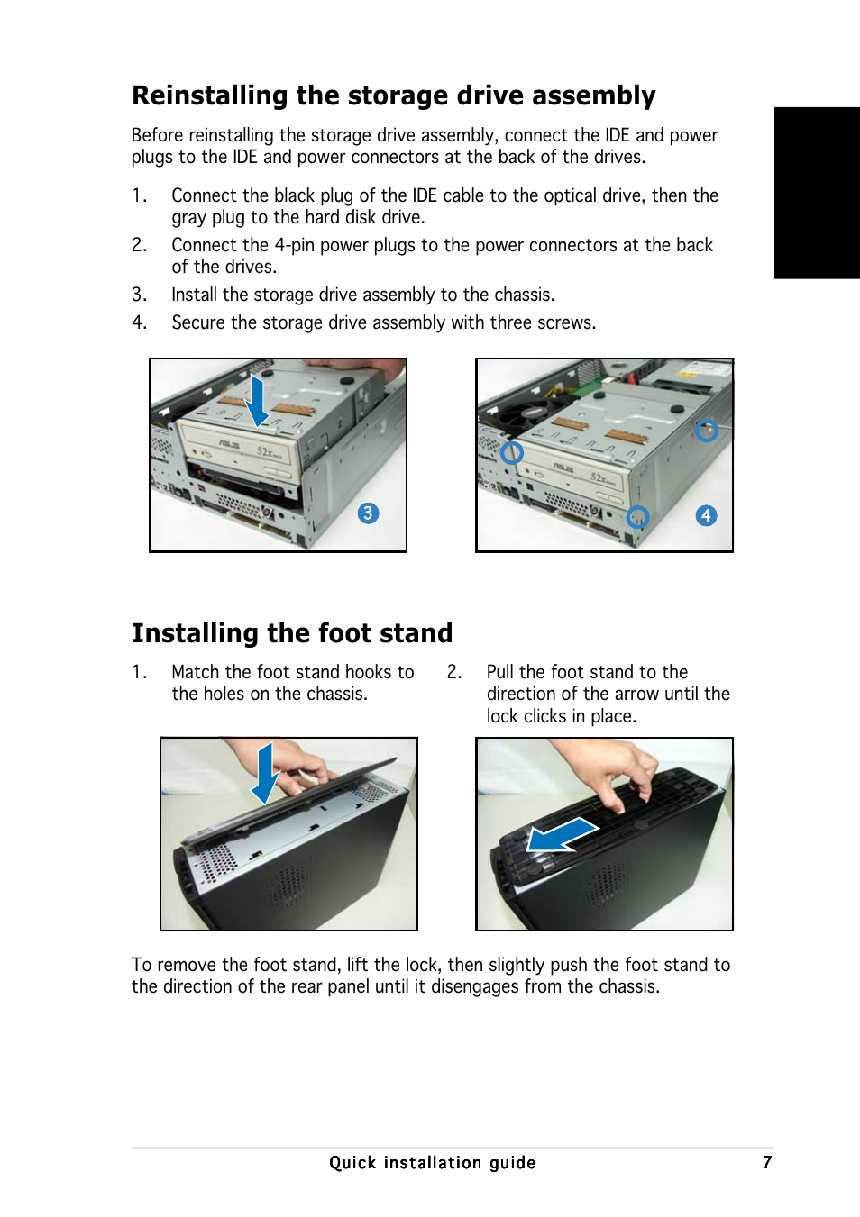Reinstalling the storage drive assembly, Installing the foot stand, English | Asus P1-AH1 User Manual | Page 7 / 80