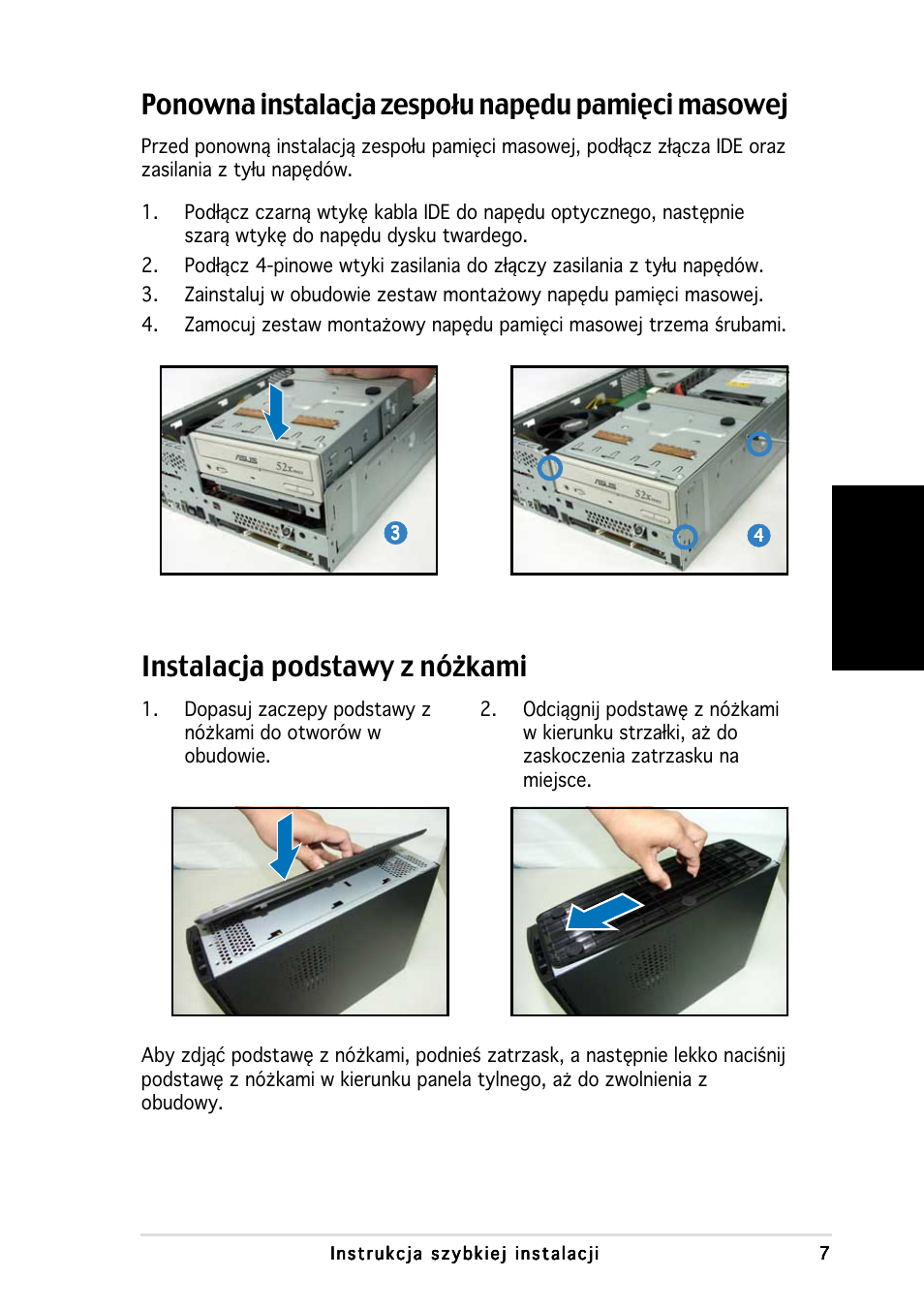 Ponowna instalacja zespołu napędu pamięci masowej, Instalacja podstawy z nóżkami, Polski | Asus P1-AH1 User Manual | Page 71 / 80