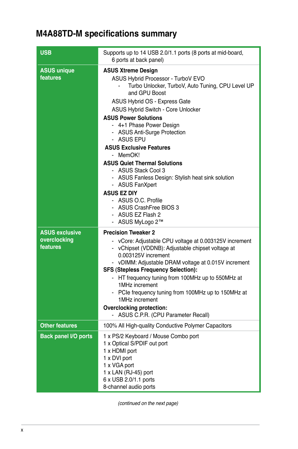 M4a88td-m specifications summary | Asus M4A88TD-M User Manual | Page 10 / 76