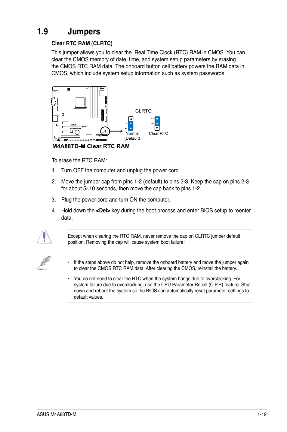 9 jumpers, Jumpers -19 | Asus M4A88TD-M User Manual | Page 31 / 76