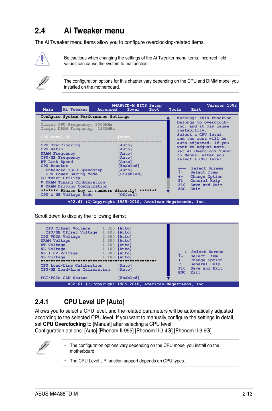 4 ai tweaker menu, 1 cpu level up, Ai tweaker menu -13 2.4.1 | Cpu level up -13, 1 cpu level up [auto, Scroll down to display the following items | Asus M4A88TD-M User Manual | Page 57 / 76