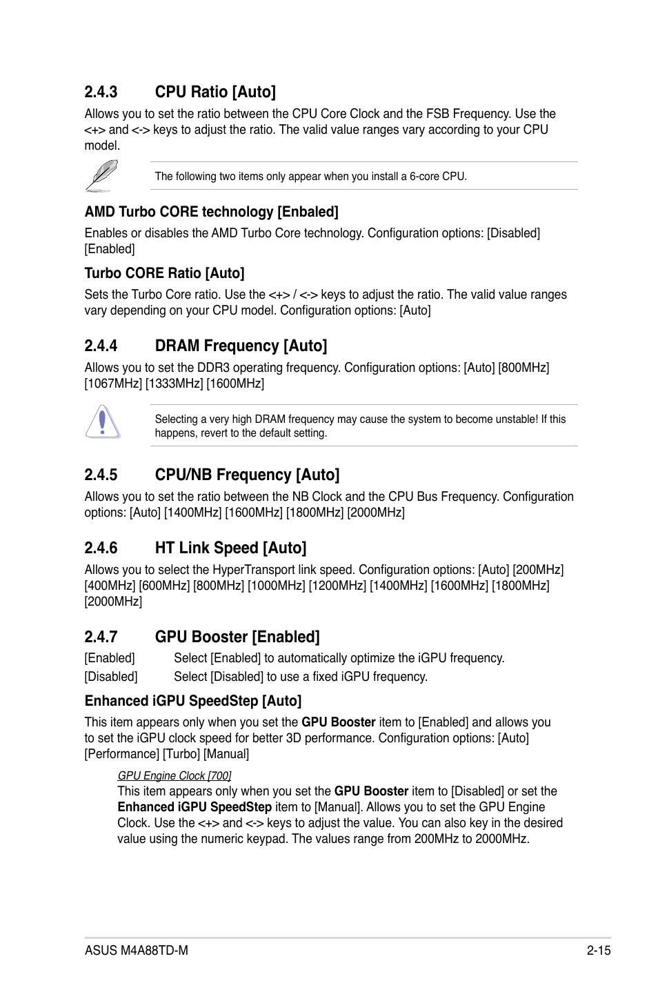 3 cpu ratio, 4 dram frequency, 5 cpu/nb frequency | 6 ht link speed, 7 gpu booster, Cpu ratio -15, Dram frequency -15, Cpu/nb frequency -15, Ht link speed -15, Gpu booster -15 | Asus M4A88TD-M User Manual | Page 59 / 76