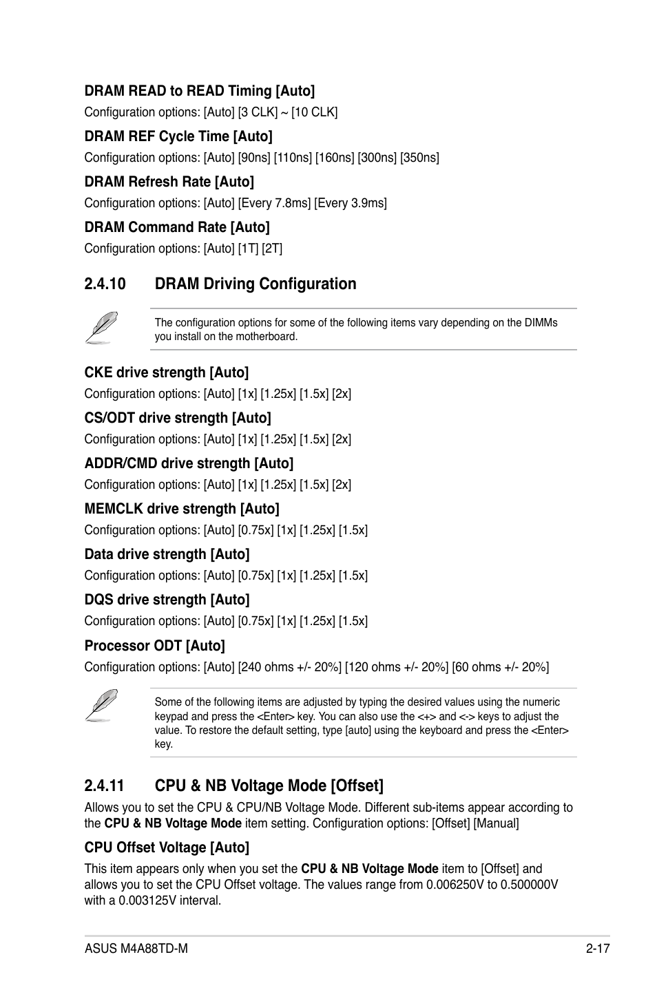 10 dram driving configuration, 11 cpu & nb voltage mode, 11 cpu & nb voltage mode [offset | Asus M4A88TD-M User Manual | Page 61 / 76