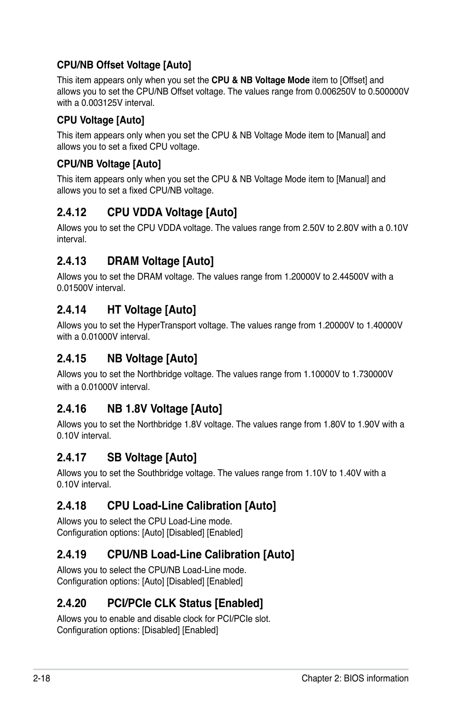 12 cpu vdda voltage, 13 dram voltage, 14 ht voltage | 15 nb voltage, 16 nb 1.8v voltage, 17 sb voltage, 18 cpu load-line calibration, 19 cpu/nb load-line calibration, 20 pci/pcie clk status | Asus M4A88TD-M User Manual | Page 62 / 76