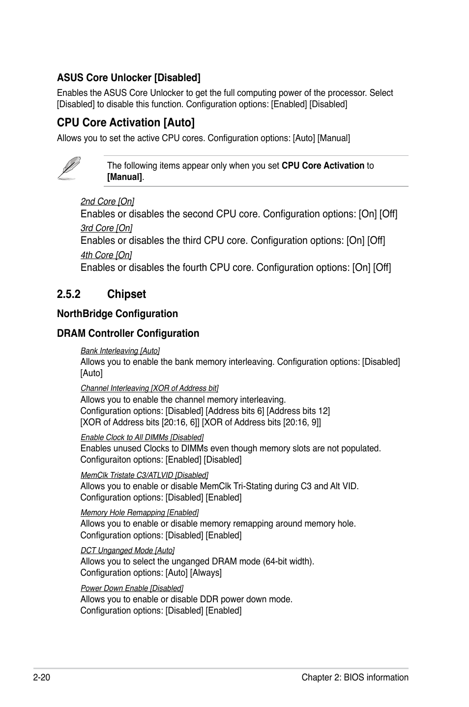 2 chipset, Chipset -20, Cpu core activation [auto | Asus M4A88TD-M User Manual | Page 64 / 76