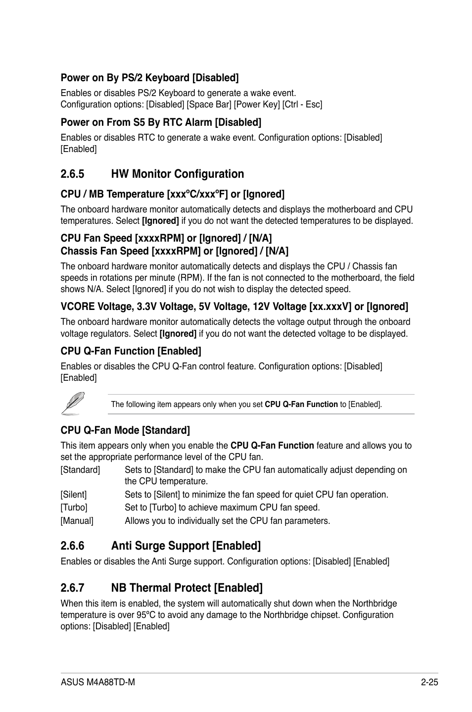 5 hw monitor configuration, 6 anti surge support, 7 nb thermal protect | Hw monitor configuration -25, Anti surge support -25, Nb thermal protect -25, 6 anti surge support [enabled, 7 nb thermal protect [enabled | Asus M4A88TD-M User Manual | Page 69 / 76