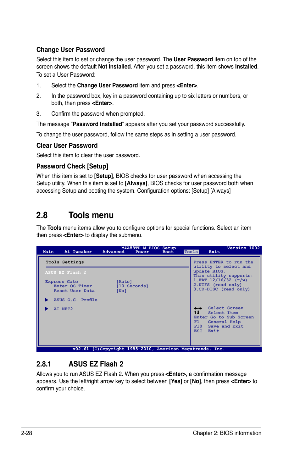 8 tools menu, 1 asus ez flash 2, Tools menu -28 2.8.1 | Asus ez flash 2 -28, Change user password, Clear user password, Password check [setup | Asus M4A88TD-M User Manual | Page 72 / 76