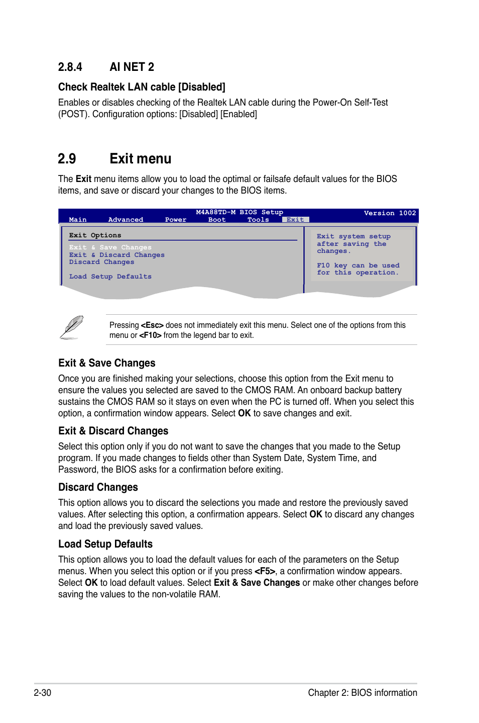 4 ai net 2, 9 exit menu, Ai net 2 -30 | Exit menu -30, Check realtek lan cable [disabled, Exit & save changes, Exit & discard changes, Discard changes, Load setup defaults | Asus M4A88TD-M User Manual | Page 74 / 76