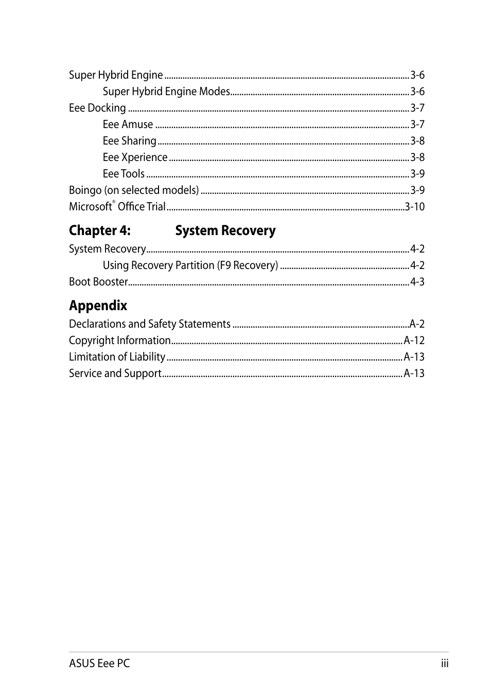 Chapter 4: system recovery, Appendix | Asus Eee PC R105 User Manual | Page 3 / 58