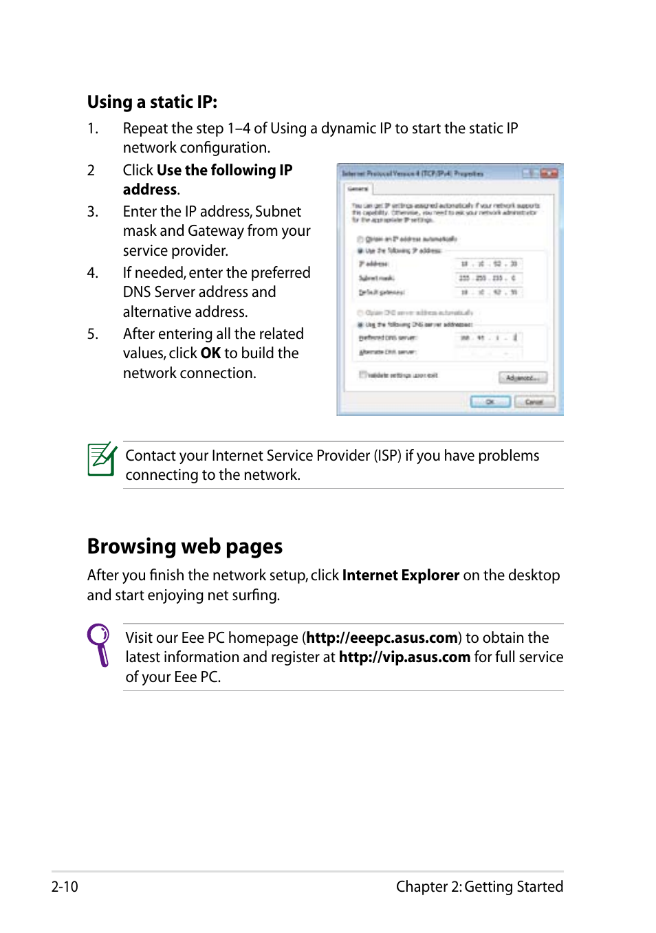 Browsing web pages | Asus Eee PC R105 User Manual | Page 30 / 58