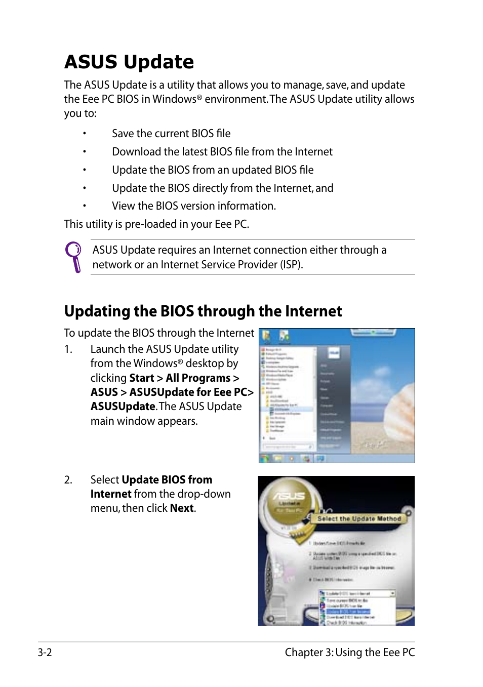 Asus update, Updating the bios through the internet, Asus update -2 | Updating the bios through the internet -2 | Asus Eee PC R105 User Manual | Page 32 / 58