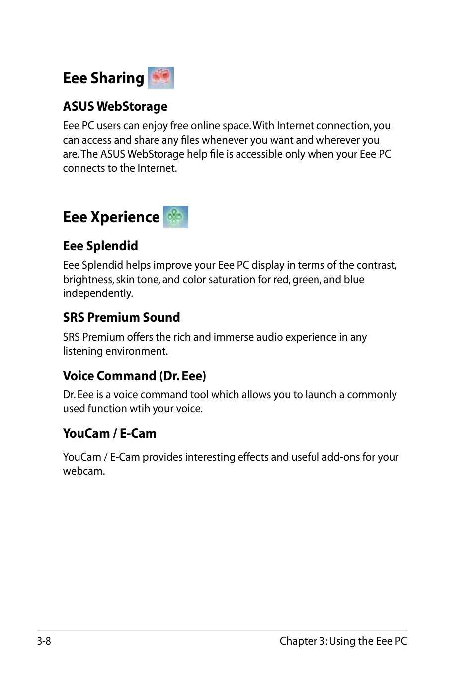 Eee sharing, Eee xperience, Eee sharing -8 eee xperience -8 | Asus Eee PC R105 User Manual | Page 38 / 58