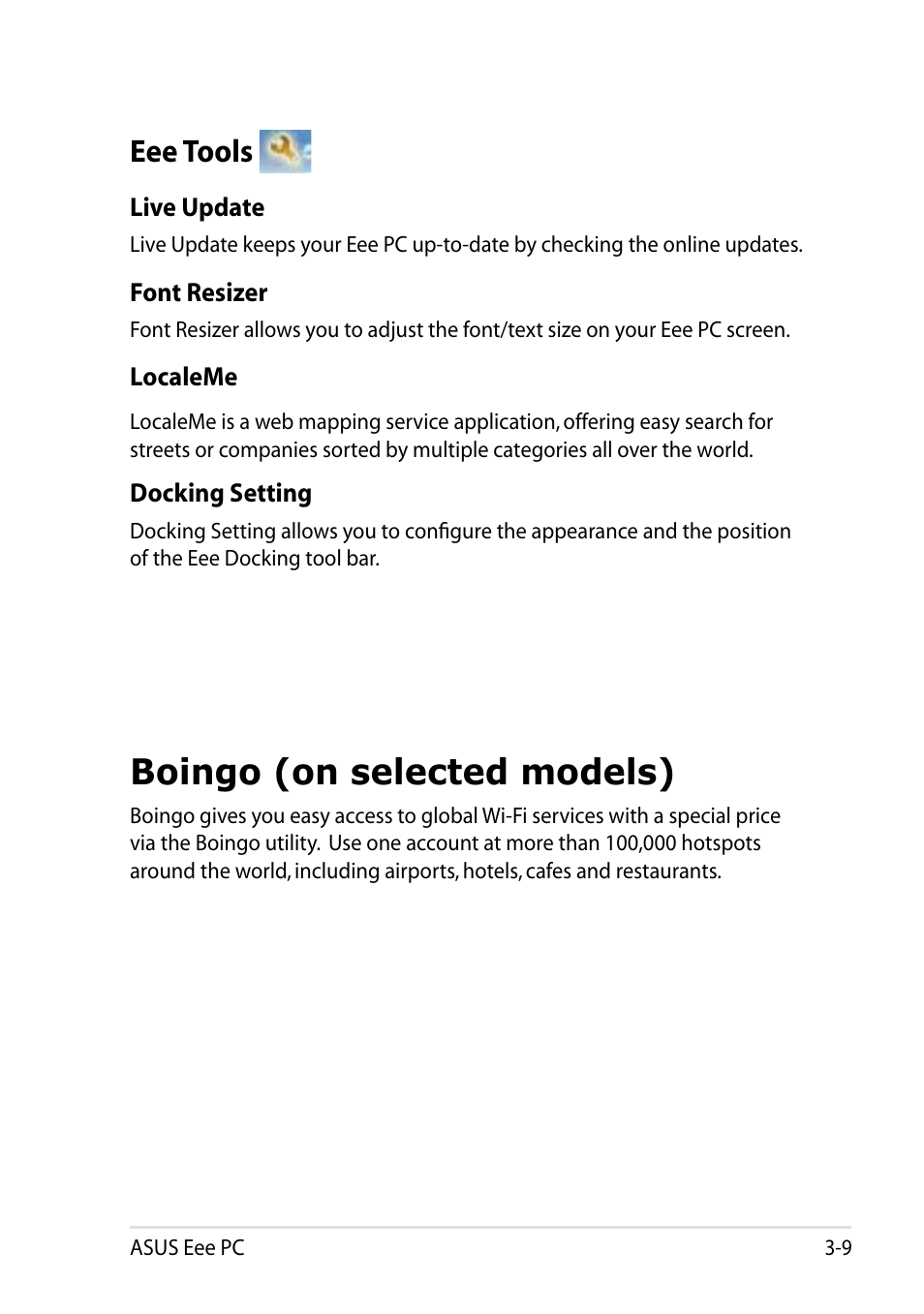 Eee tools, Boingo (on selected models), Eee tools -9 | Boingo (on selected models) -9 | Asus Eee PC R105 User Manual | Page 39 / 58