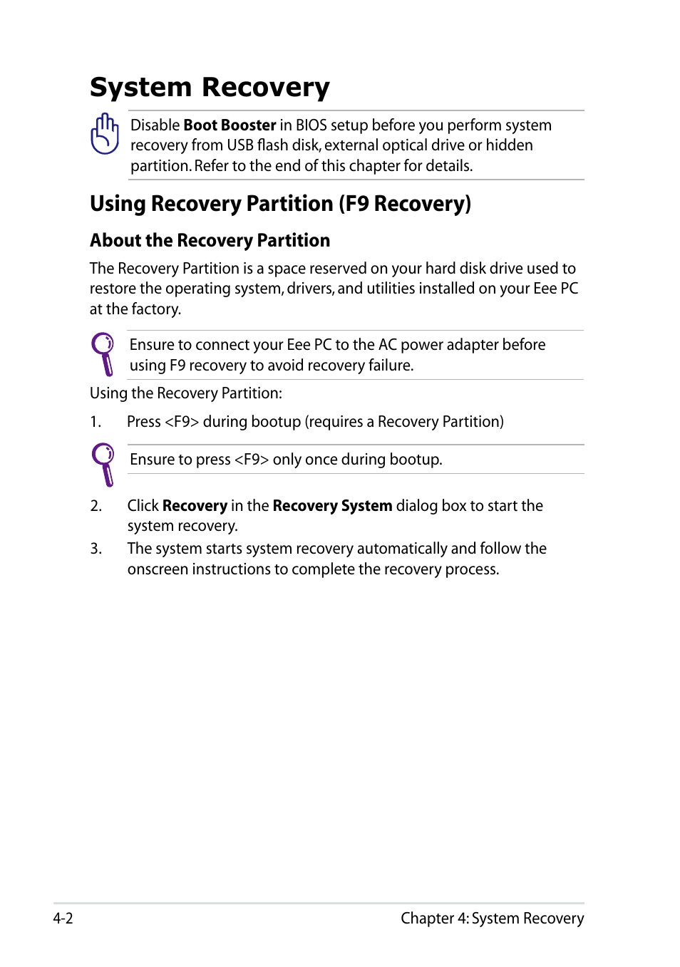 System recovery, Using recovery partition (f9 recovery), System recovery -2 | Using recovery partition (f9 recovery) -2 | Asus Eee PC R105 User Manual | Page 42 / 58