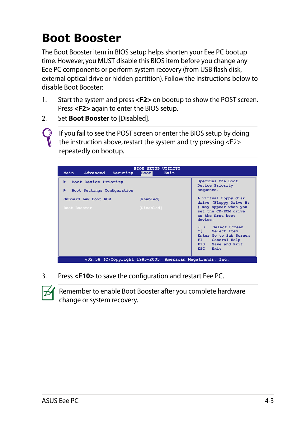 Boot booster, Boot booster -3, Asus eee pc 4-3 | Asus Eee PC R105 User Manual | Page 43 / 58