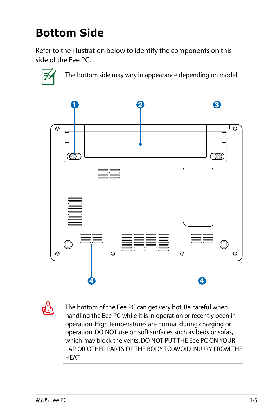 Bottom side | Asus Eee PC 900SD/XP User Manual | Page 13 / 56