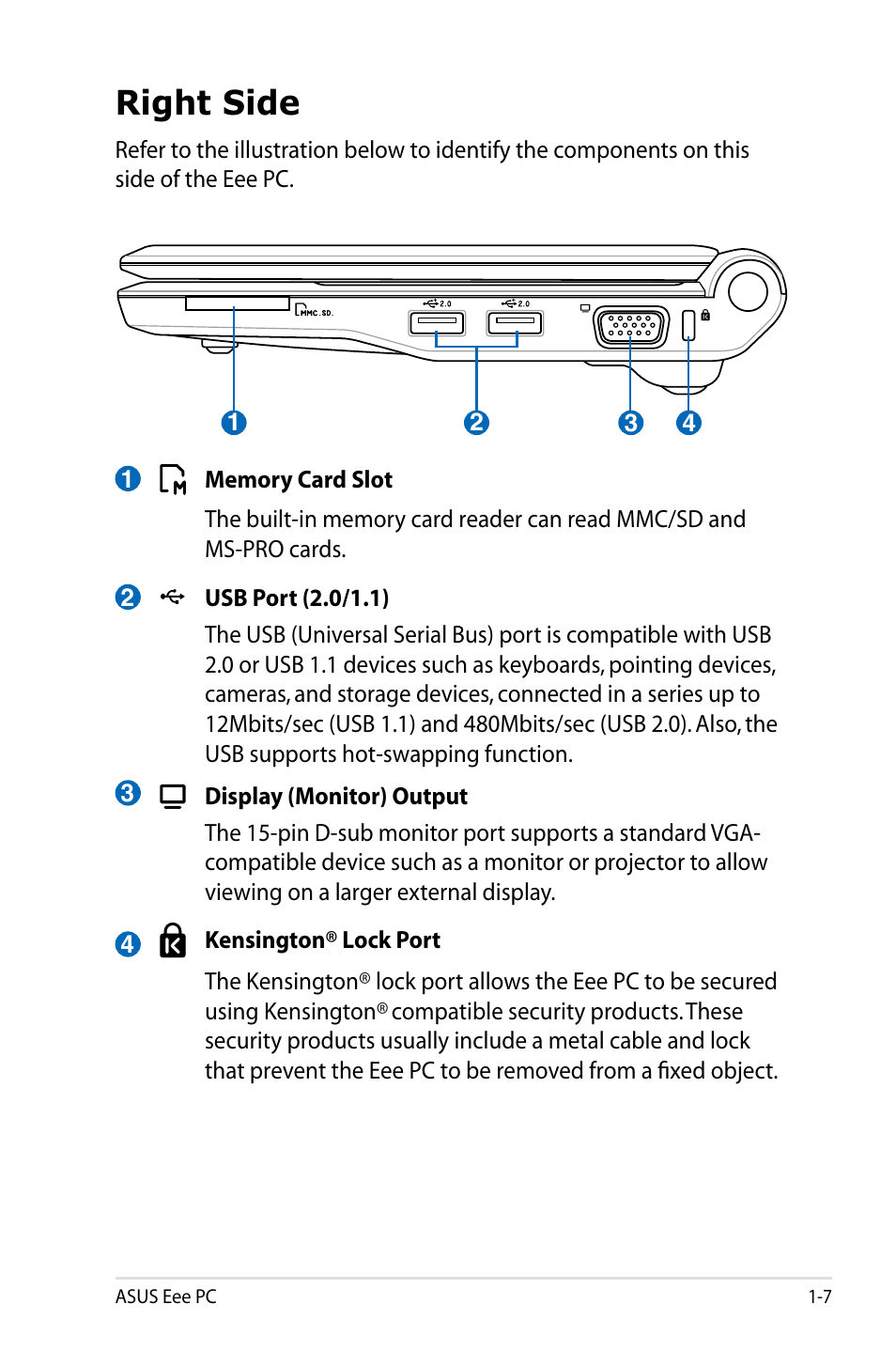 Right side | Asus Eee PC 900SD/XP User Manual | Page 15 / 56