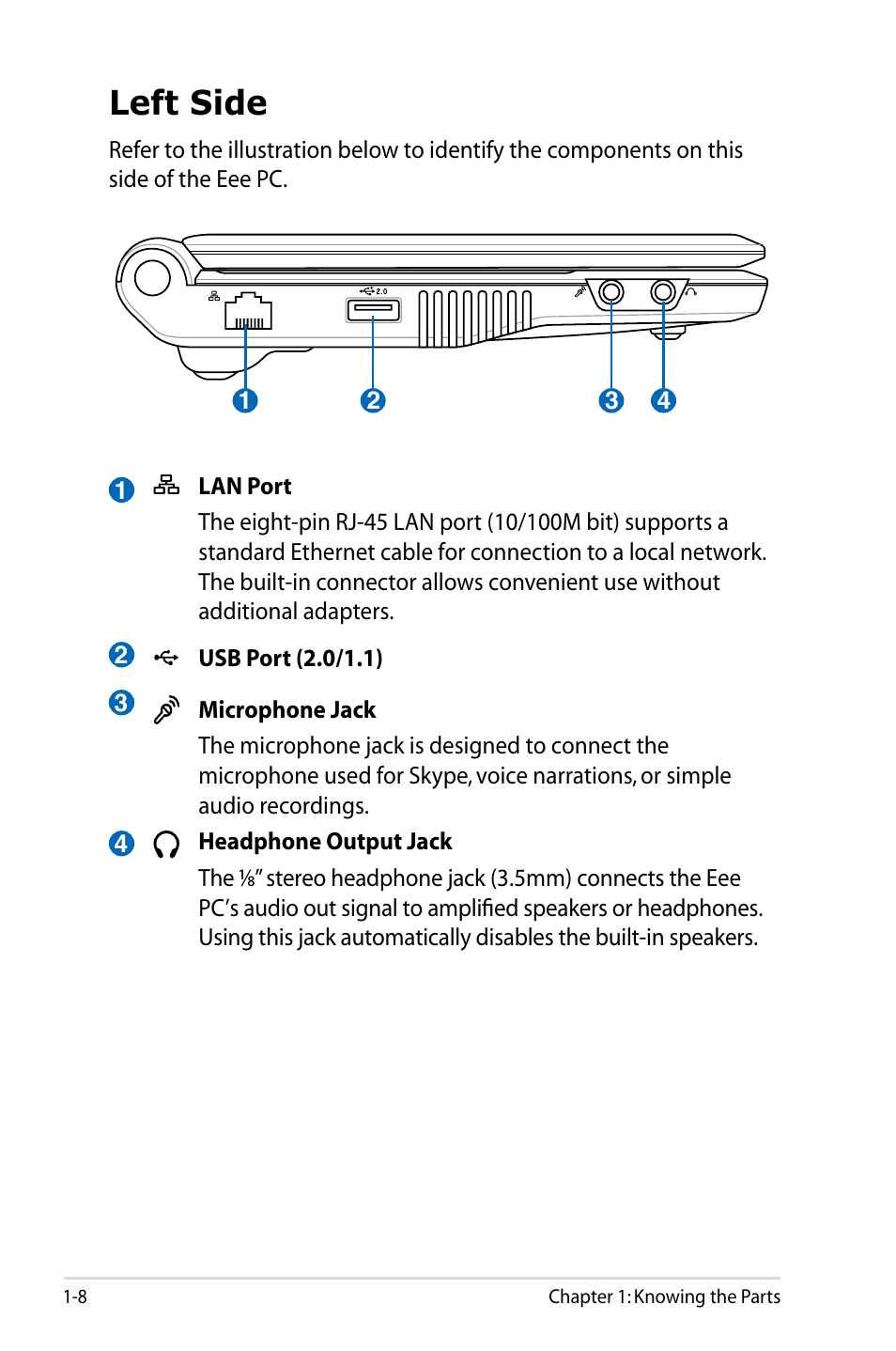 Left side | Asus Eee PC 900SD/XP User Manual | Page 16 / 56