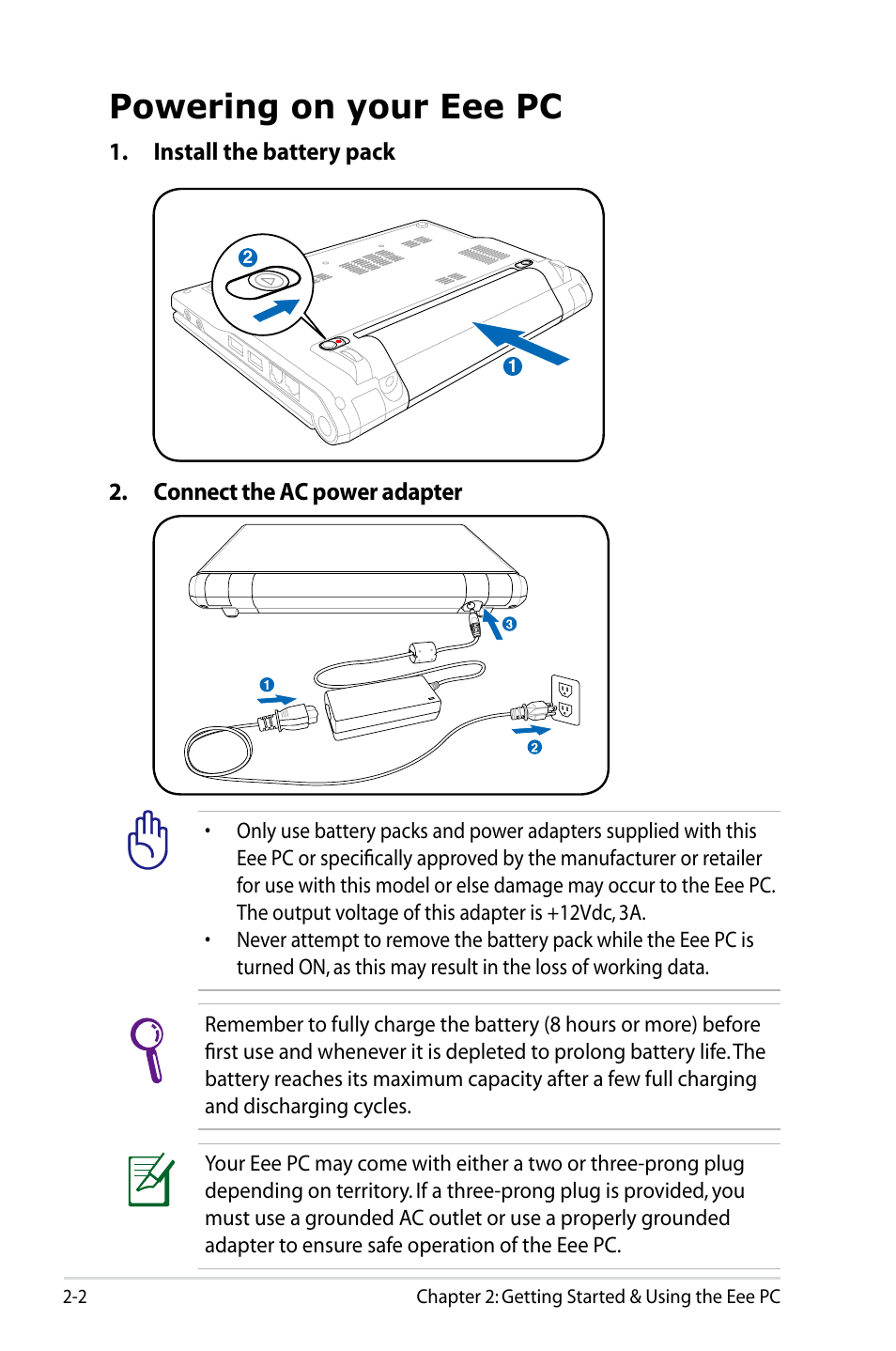 Powering on your eee pc | Asus Eee PC 900SD/XP User Manual | Page 22 / 56