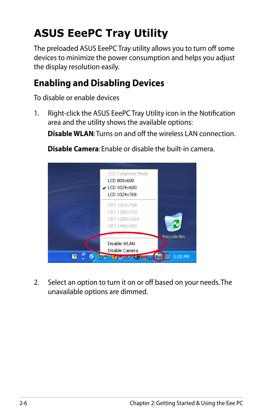 Asus eeepc tray utility, Enabling and disabling devices | Asus Eee PC 900SD/XP User Manual | Page 26 / 56