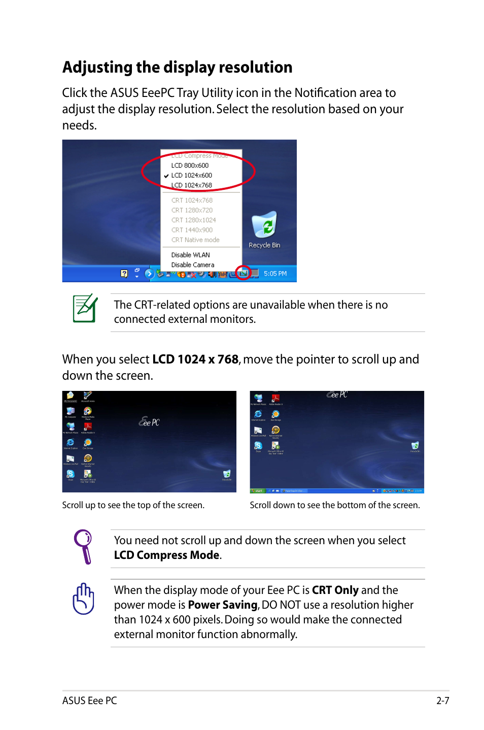 Adjusting the display resolution | Asus Eee PC 900SD/XP User Manual | Page 27 / 56