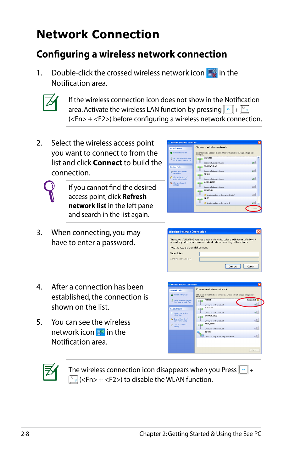 Network connection, Configuring a wireless network connection | Asus Eee PC 900SD/XP User Manual | Page 28 / 56