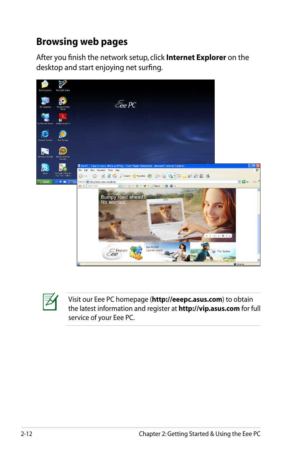 Browsing web pages | Asus Eee PC 900SD/XP User Manual | Page 32 / 56