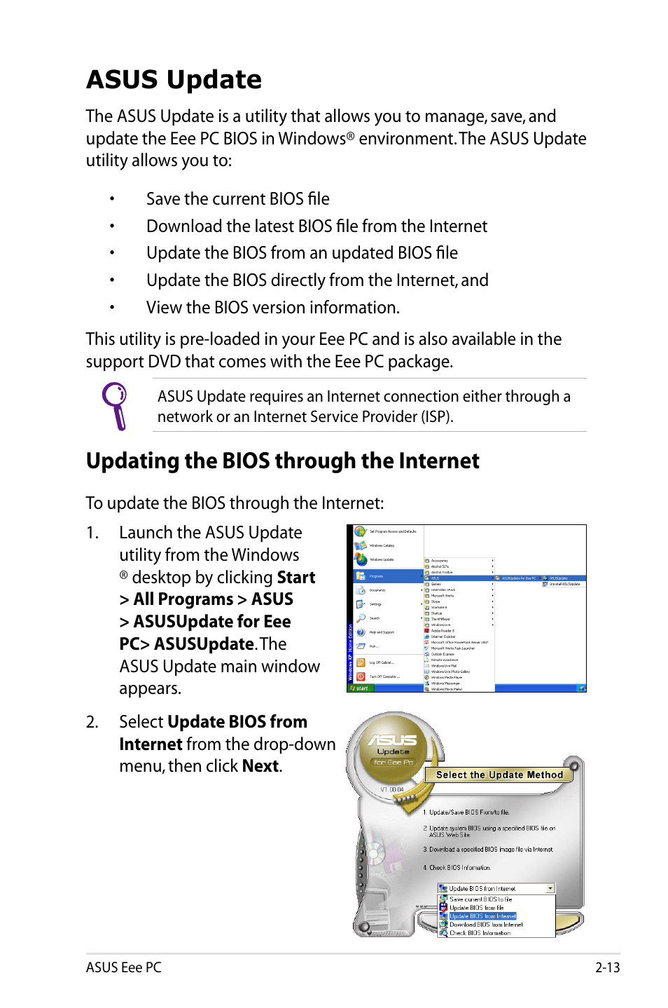 Asus update, Updating the bios through the internet | Asus Eee PC 900SD/XP User Manual | Page 33 / 56